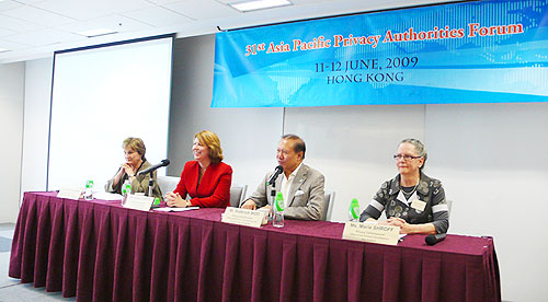 (From left) Ms. Jennifer Stoddart, Privacy Commissioner, Canada; Ms. Karen Curtis, Privacy Commissioner, Australia; Mr. Roderick Woo, Privacy Commissioner for Personal Data, Hong Kong; and Ms. Marie Shroff, Privacy Commissioner, New Zealand shared views with participants during the panel discussion.